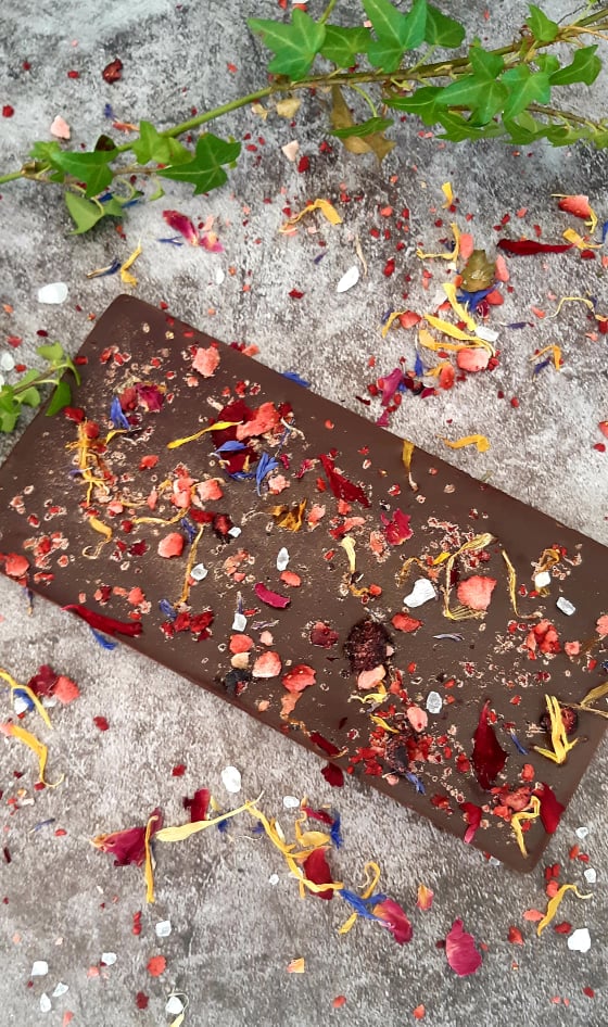 Raw Chocolate with Sea Salt, Edible Flowers and Freeze Dried Berries 100g (Gluten Friendly*, Dairy Free, Refined Sugar Free, Vegan, Paleo)